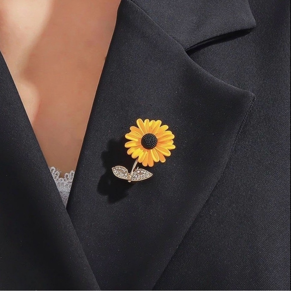Sunflower Enamel + Rhinestone Fashion Brooch Pin, Yellow, Gold, White - Picture 17 of 17